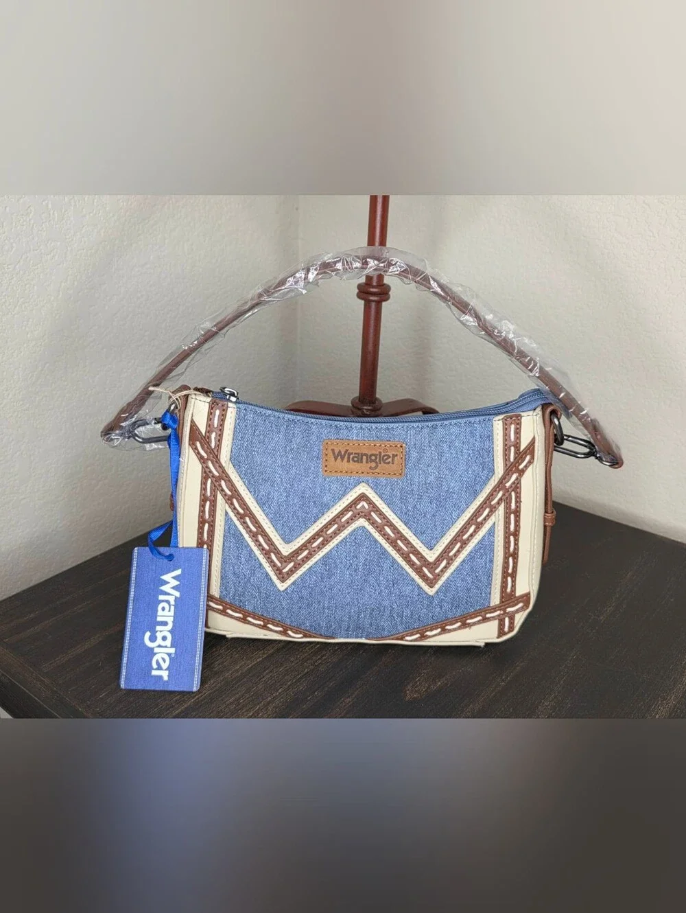 Wrangler Denim Shoulder Bag with Cream and Brown Trim